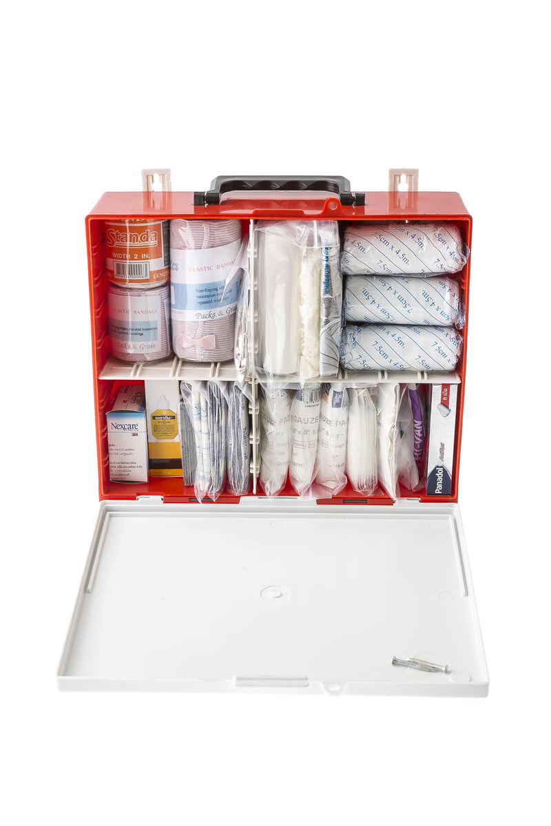 Mountable first aid box kit cabinet with supplies inside