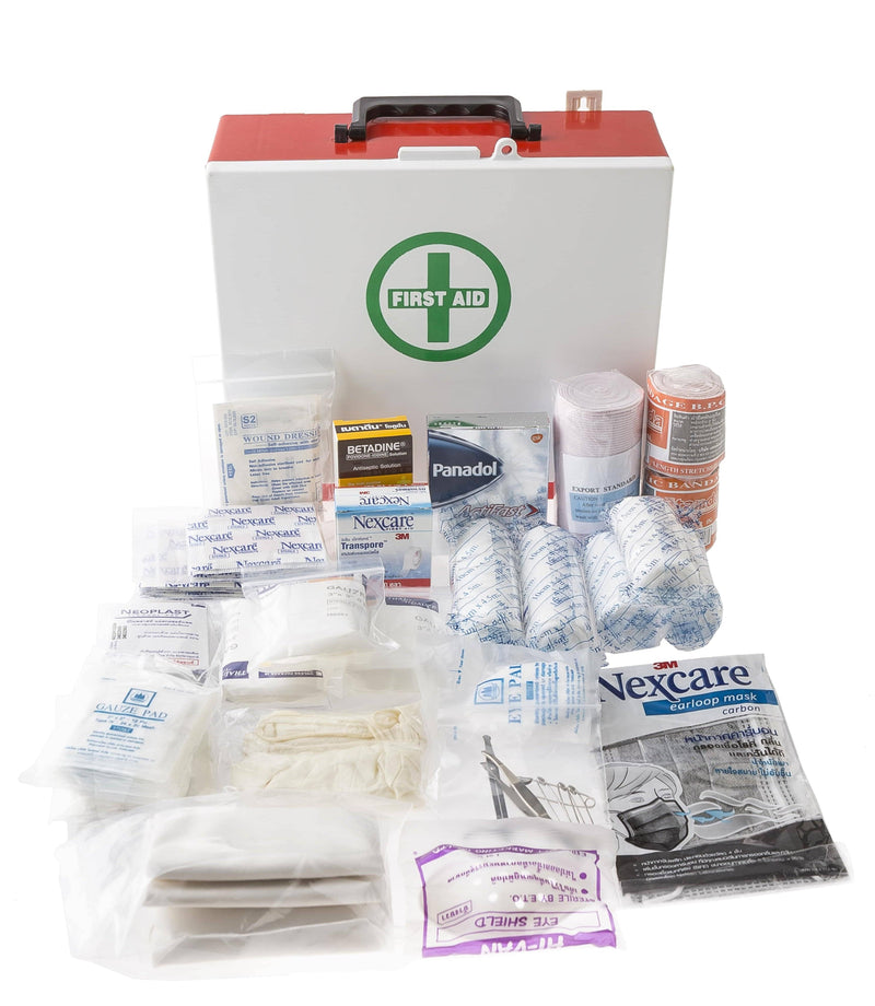 Mountable first aid box with supplies