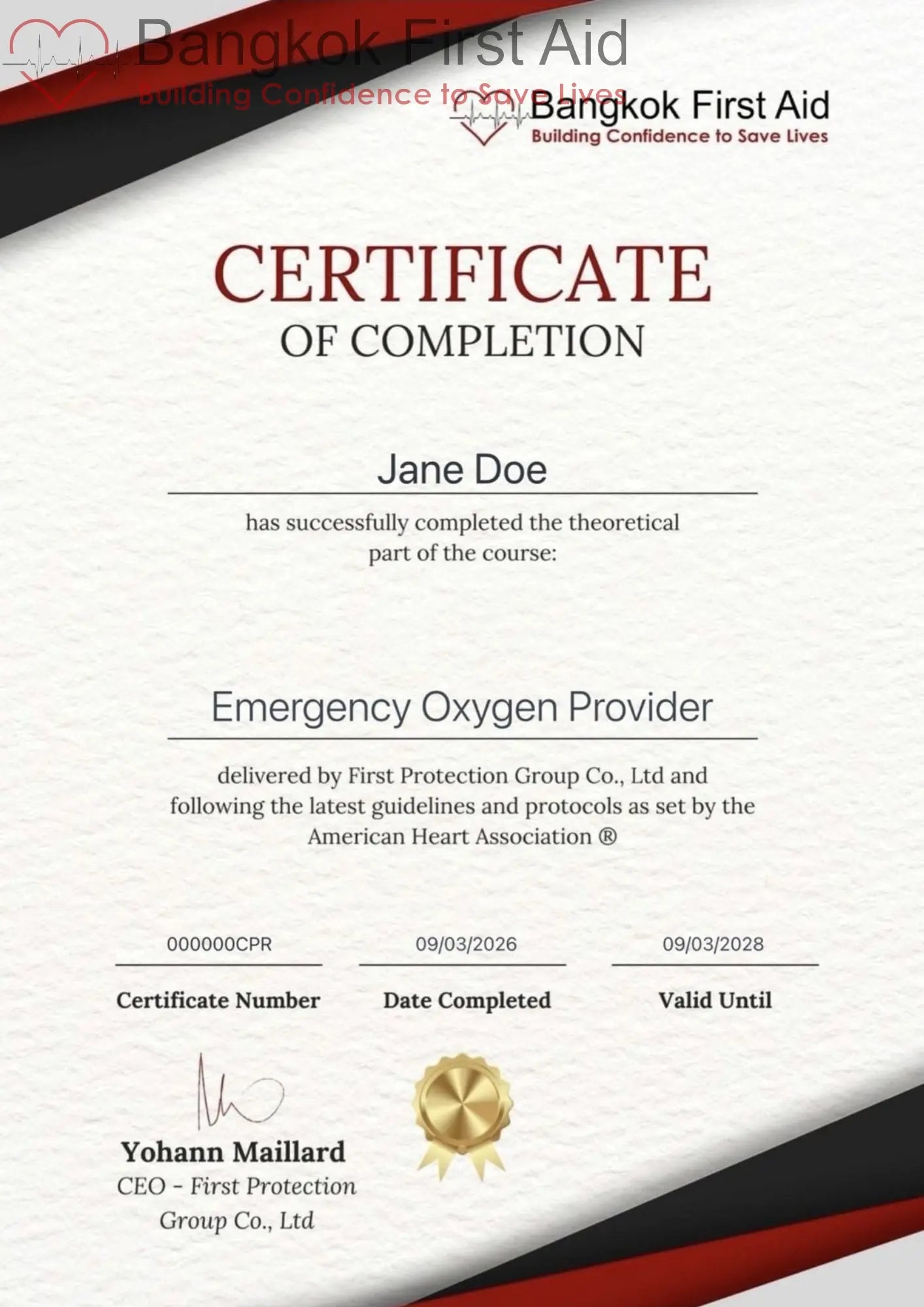 Bangkok First Aid® Online Emergency Oxygen Provider Course (English) - National Certificate nationally recognised eLearning certificate