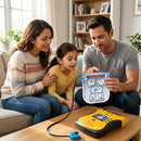 AED child pads training demonstration on pediatric mannequin CPR training Defibtech electrodes
