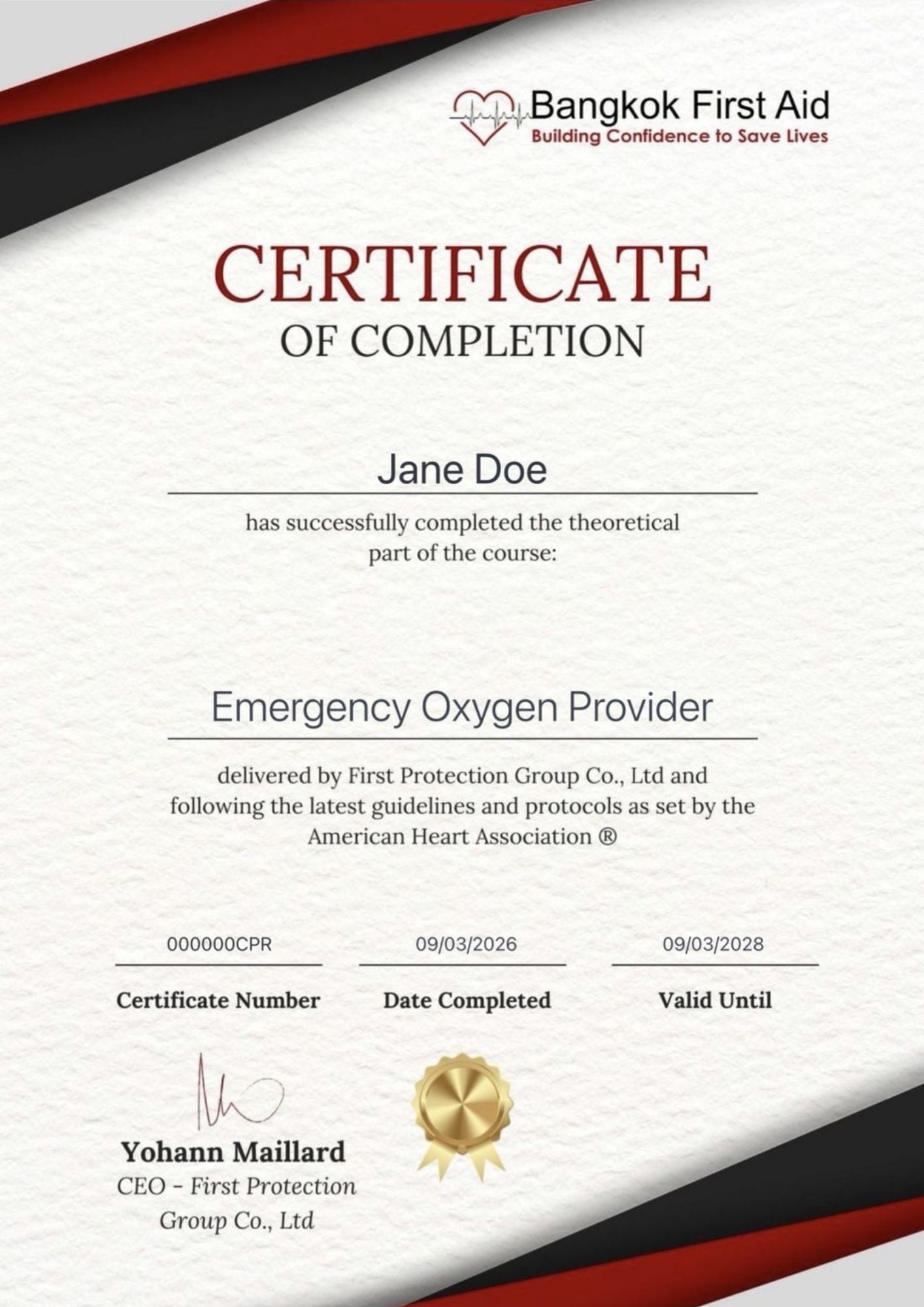 Bangkok First Aid® Online Emergency Oxygen Provider Course (English) - National Certificate